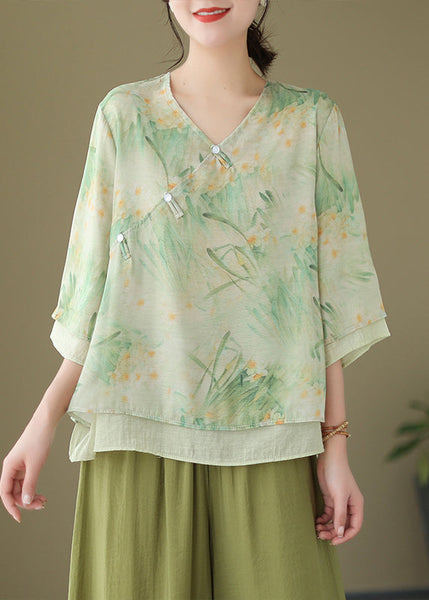 Chic Purple V Neck Button Print Cotton Shirt Flare Sleeve JH068 MMDM-HTP240717