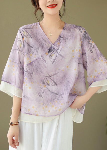 Chic Purple V Neck Button Print Cotton Shirt Flare Sleeve JH068 MMDM-HTP240717