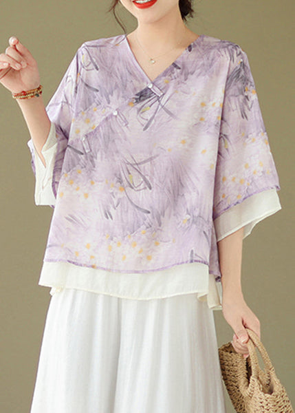 Chic Purple V Neck Button Print Cotton Shirt Flare Sleeve JH068 MMDM-HTP240717