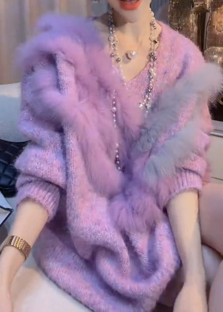 Chic Purple V Neck Patchwork Thick Cozy Cotton Knit Sweater Winter RK003 ABC