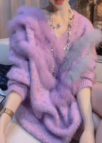 Chic Purple V Neck Patchwork Thick Cozy Cotton Knit Sweater Winter RK003 ABC