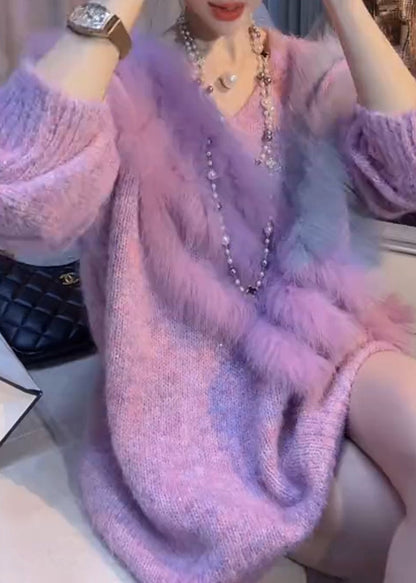 Chic Purple V Neck Patchwork Thick Cozy Cotton Knit Sweater Winter RK003 ABC