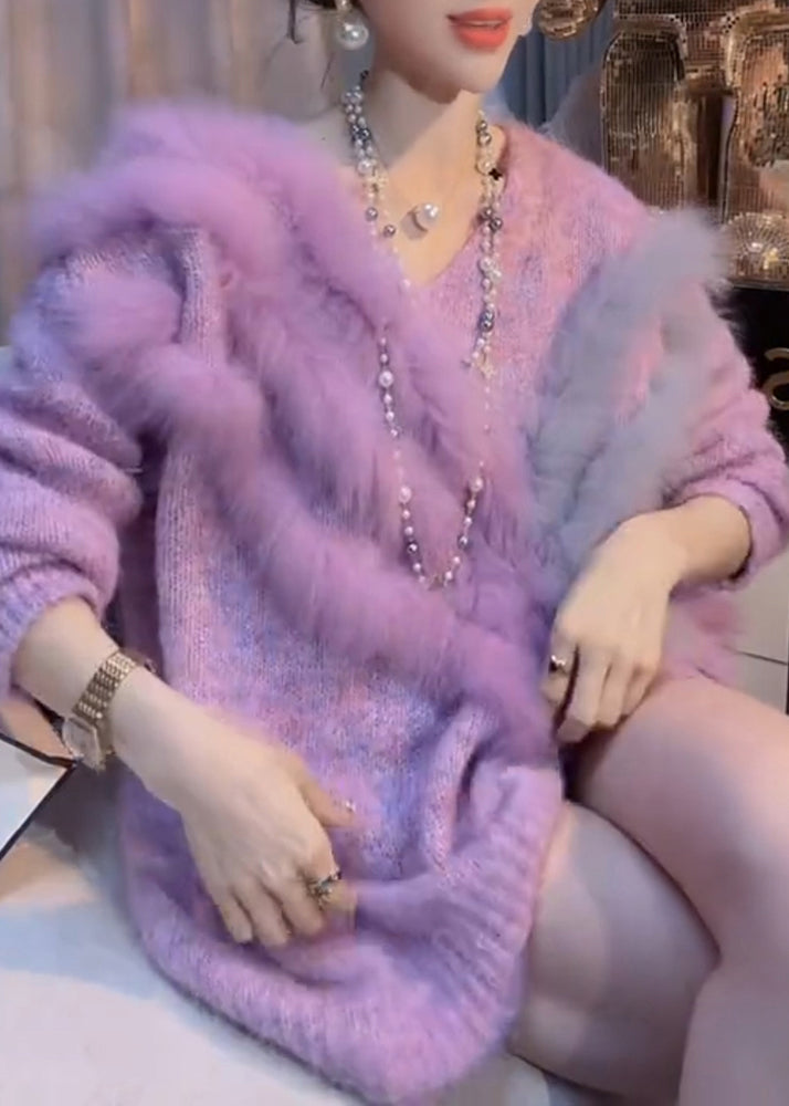 Chic Purple V Neck Patchwork Thick Cozy Cotton Knit Sweater Winter RK003 ABC