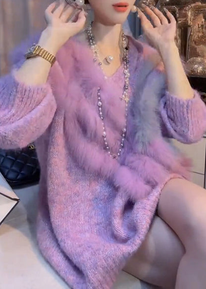 Chic Purple V Neck Patchwork Thick Cozy Cotton Knit Sweater Winter RK003 ABC