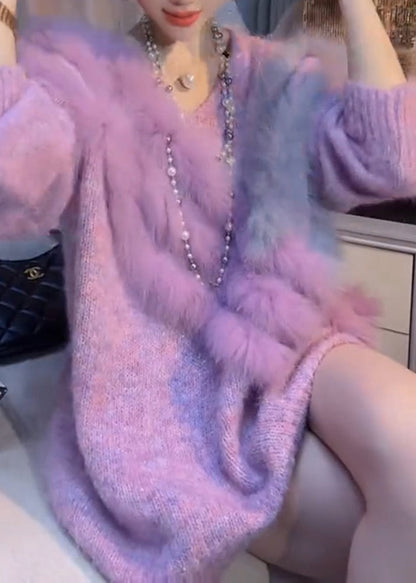 Chic Purple V Neck Patchwork Thick Cozy Cotton Knit Sweater Winter RK003 ABC