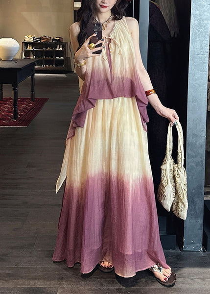 Silk Linen Purple Chic Two V Dress Pieces Ruffled False Neck FashionChic