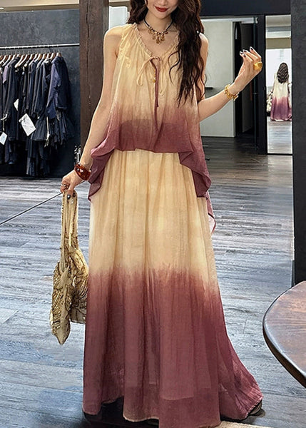 Silk Linen Purple Chic Two V Dress Pieces Ruffled False Neck FashionChic