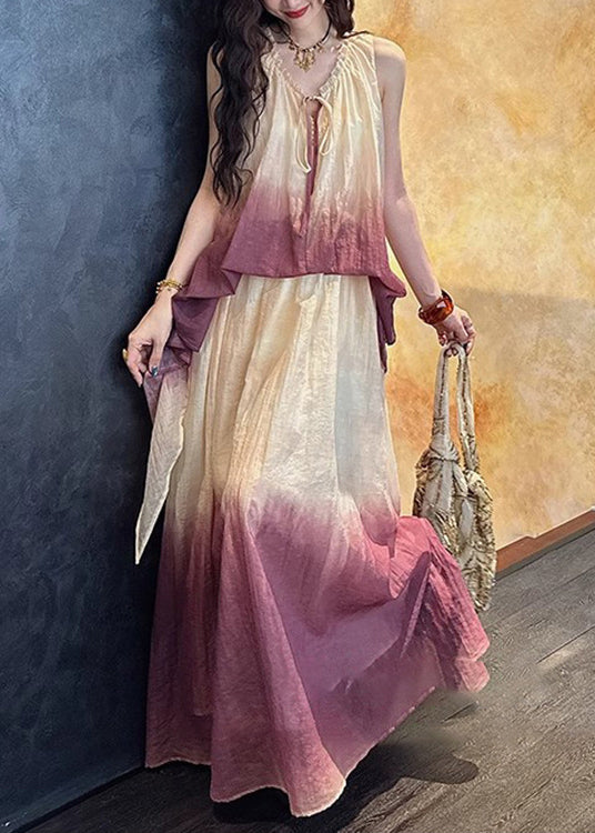 Silk Linen Purple Chic Two V Dress Pieces Ruffled False Neck FashionChic