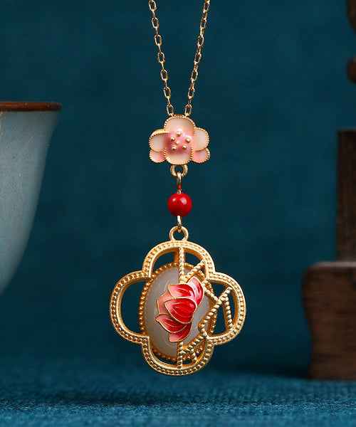Chic Red Ancient Gold Inlaid Jade Lotus Flower Agate Pendant Necklace KX1074 Ada Fashion