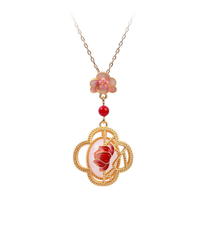 Chic Red Ancient Gold Inlaid Jade Lotus Flower Agate Pendant Necklace KX1074 Ada Fashion