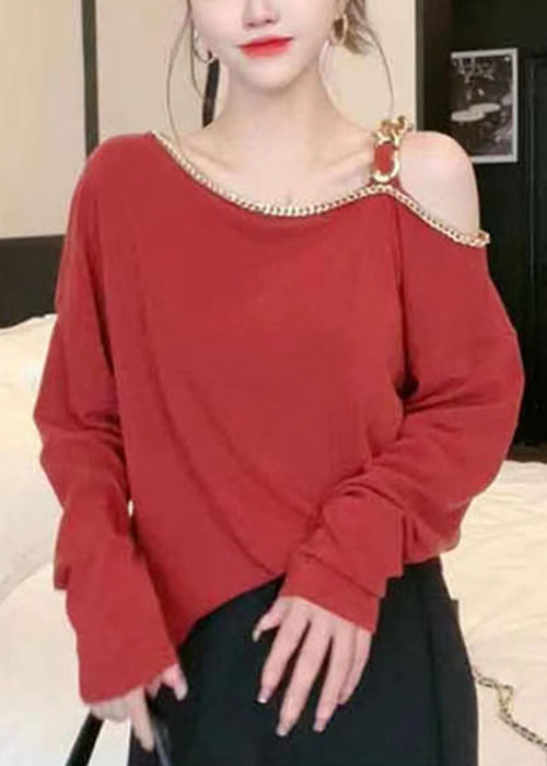 Chic Red Cold Shoulder Chain Linked Cotton Top Long Sleeve OP1087 Ada Fashion