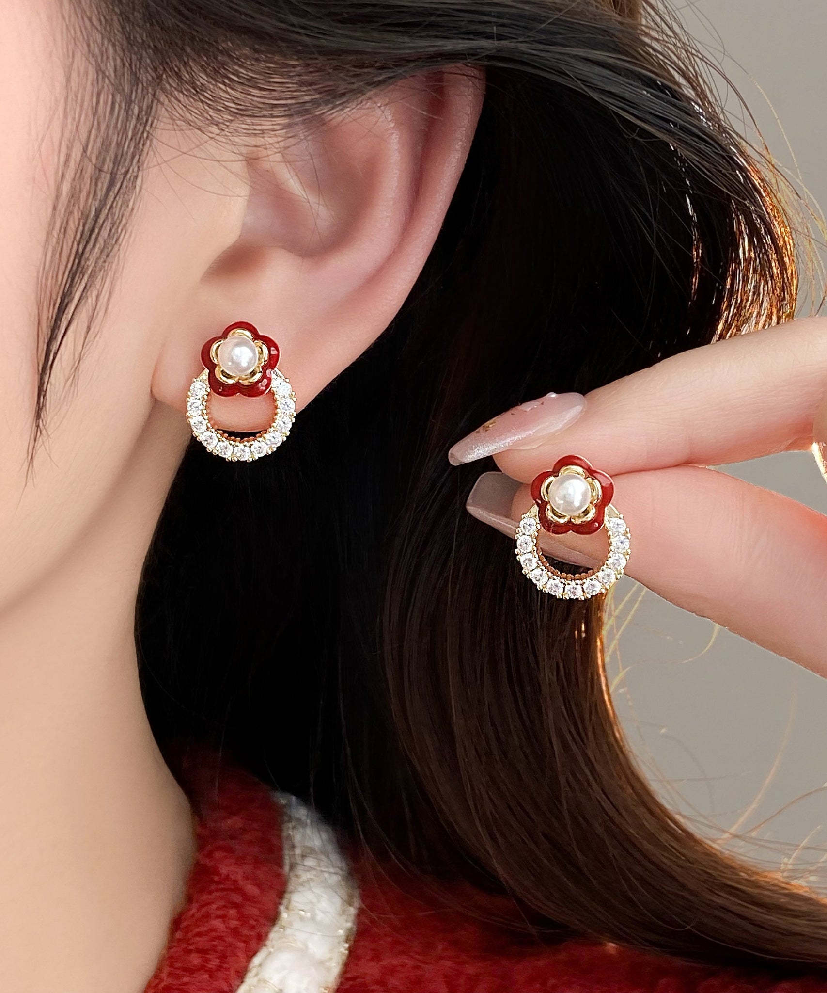 Stud Alloy Flower Zircon Copper Red Chic Camellia Earrings FashionChic