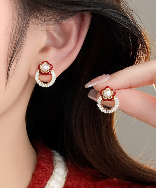 Stud Alloy Flower Zircon Copper Red Chic Camellia Earrings FashionChic