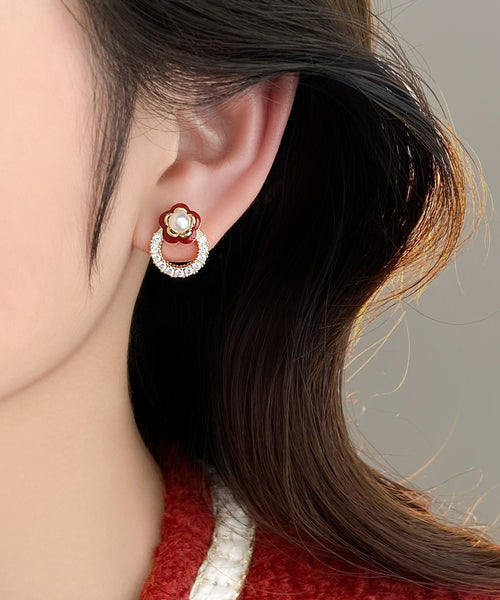 Stud Alloy Flower Zircon Copper Red Chic Camellia Earrings FashionChic