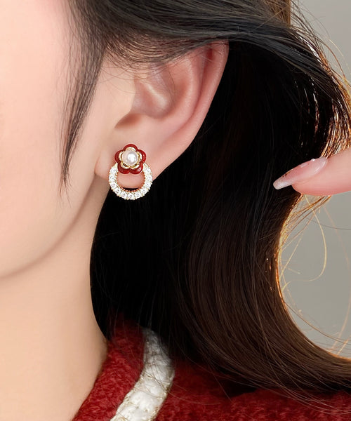 Stud Alloy Flower Zircon Copper Red Chic Camellia Earrings FashionChic
