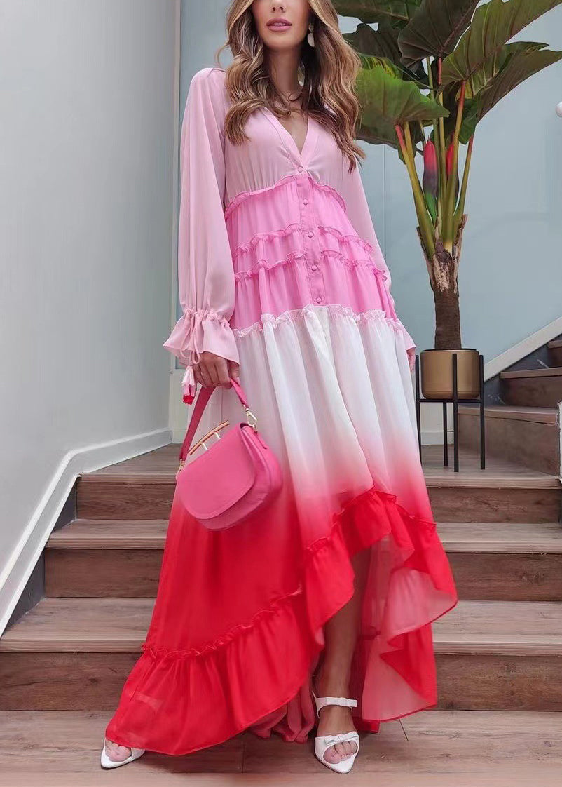 Chic Red Gradient Color Ruffled Lace Up Chiffon Dress Long Sleeve FF106 SH-LF-FDL240603