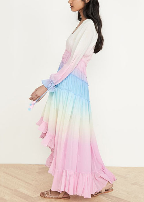 Chic Red Gradient Color Ruffled Lace Up Chiffon Dress Long Sleeve FF106 SH-LF-FDL240603