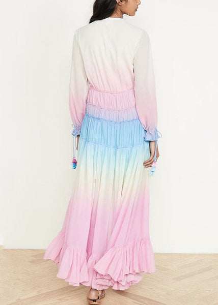 Chic Red Gradient Color Ruffled Lace Up Chiffon Dress Long Sleeve FF106 SH-LF-FDL240603