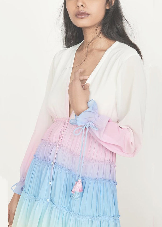 Chic Red Gradient Color Ruffled Lace Up Chiffon Dress Long Sleeve FF106 SH-LF-FDL240603