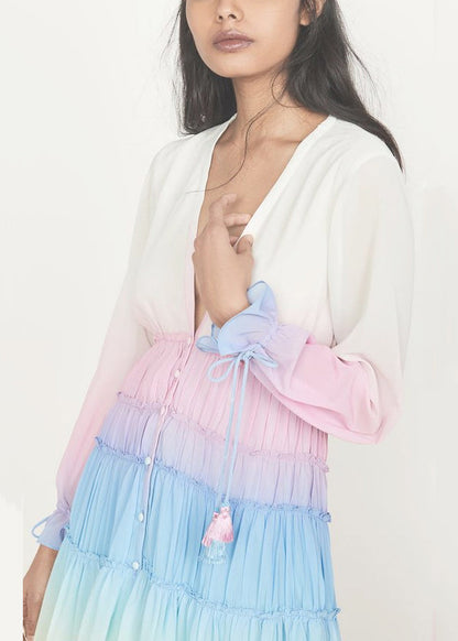 Chic Red Gradient Color Ruffled Lace Up Chiffon Dress Long Sleeve FF106 SH-LF-FDL240603