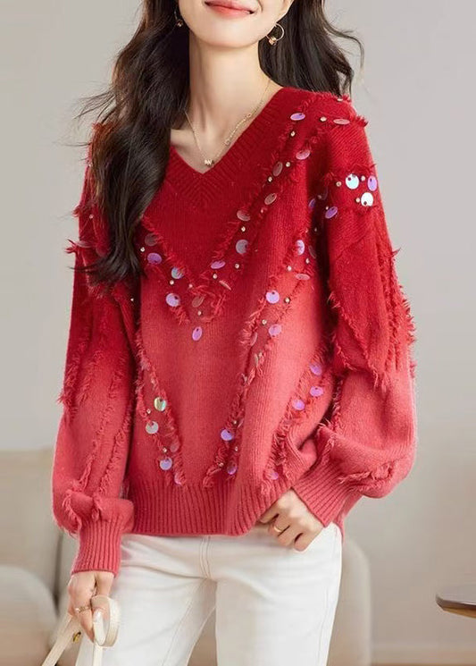 Chic Red Gradient V Neck Tassel Sequins Knit Sweater Tops Spring TQ002 ABC