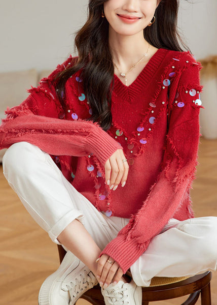 Chic Red Gradient V Neck Tassel Sequins Knit Sweater Tops Spring TQ002 ABC