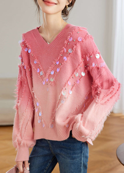 Chic Red Gradient V Neck Tassel Sequins Knit Sweater Tops Spring TQ002 ABC