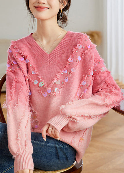 Chic Red Gradient V Neck Tassel Sequins Knit Sweater Tops Spring TQ002 ABC