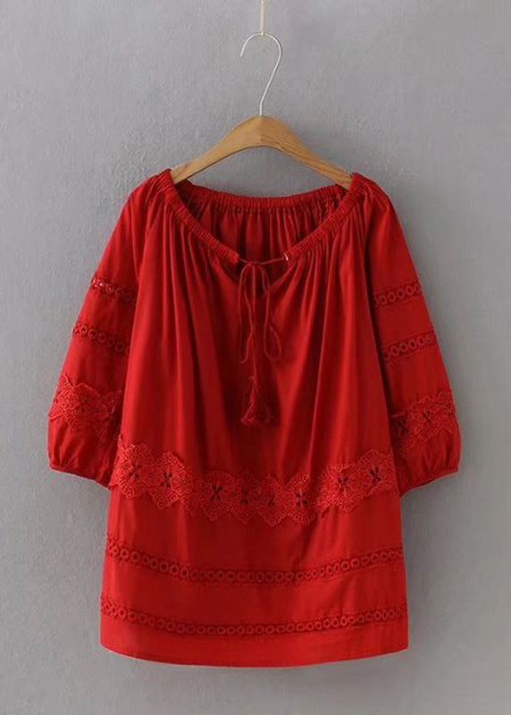 Chic Red Lace Patchwork Hollow Out Shirt Long Sleeve VV025 HS-LTP240627