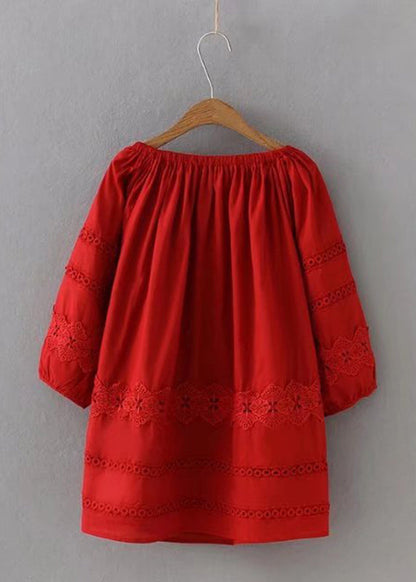 Chic Red Lace Patchwork Hollow Out Shirt Long Sleeve VV025 HS-LTP240627