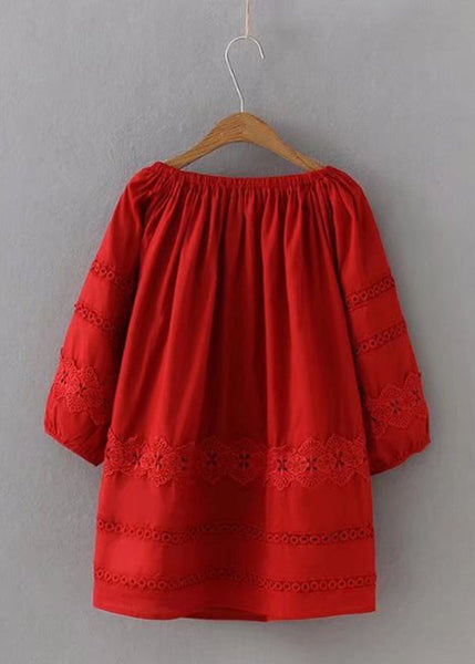 Chic Red Lace Patchwork Hollow Out Shirt Long Sleeve VV025 HS-LTP240627