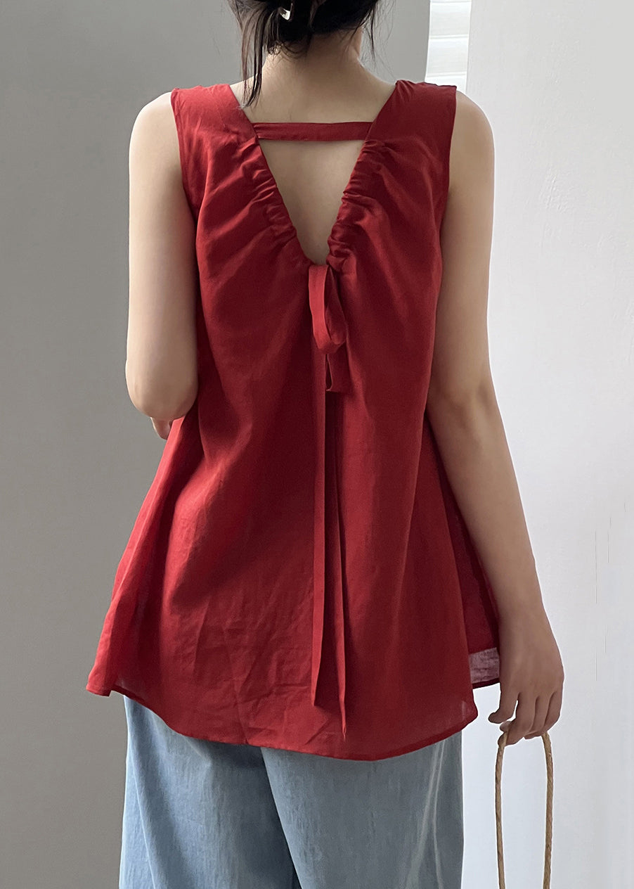 Chic Red Lace Up Solid Cotton Tops Sleeveless QE046 MZF-STP240927