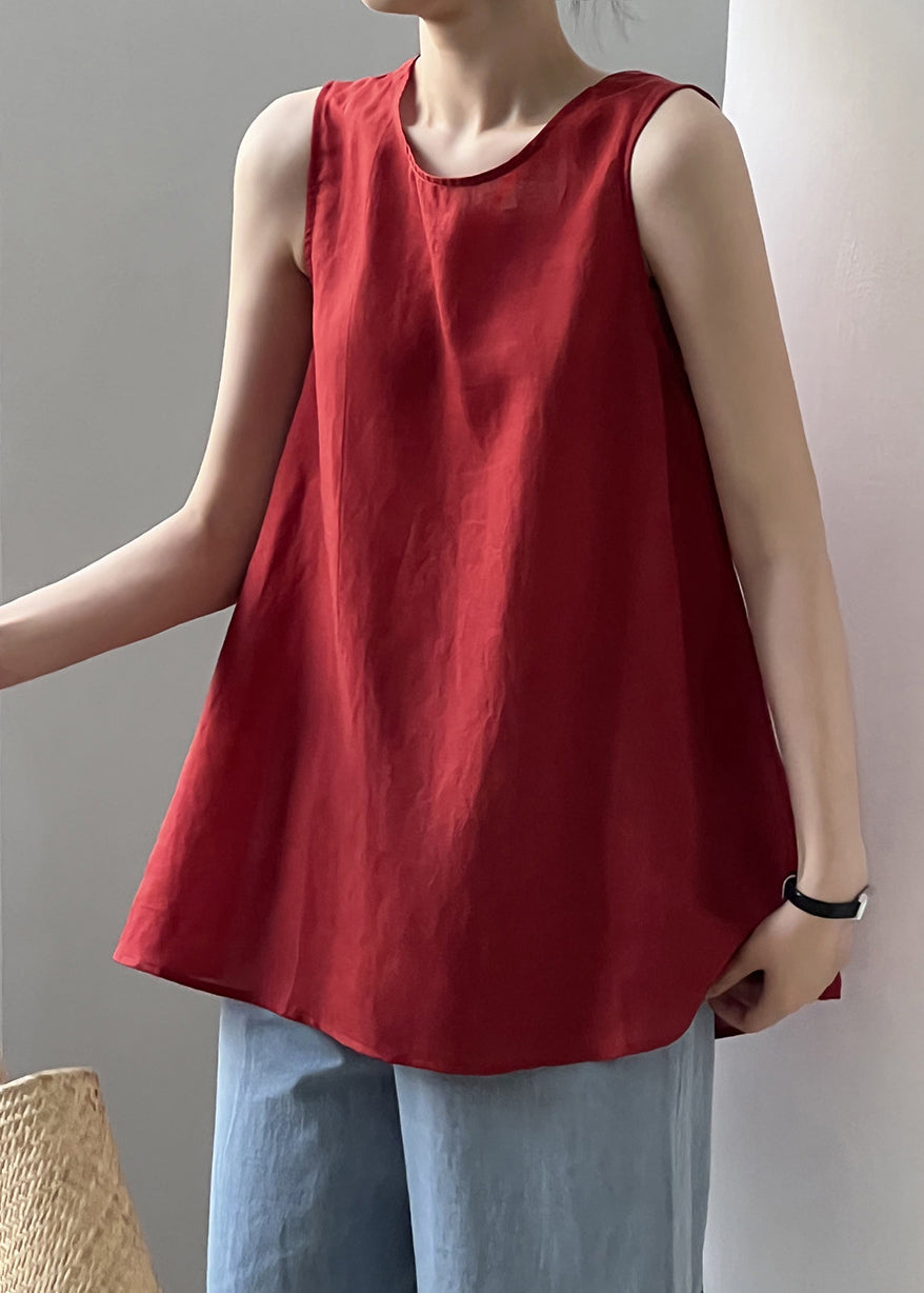 Chic Red Lace Up Solid Cotton Tops Sleeveless QE046 MZF-STP240927