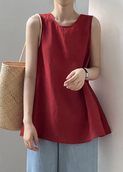 Chic Red Lace Up Solid Cotton Tops Sleeveless QE046 MZF-STP240927