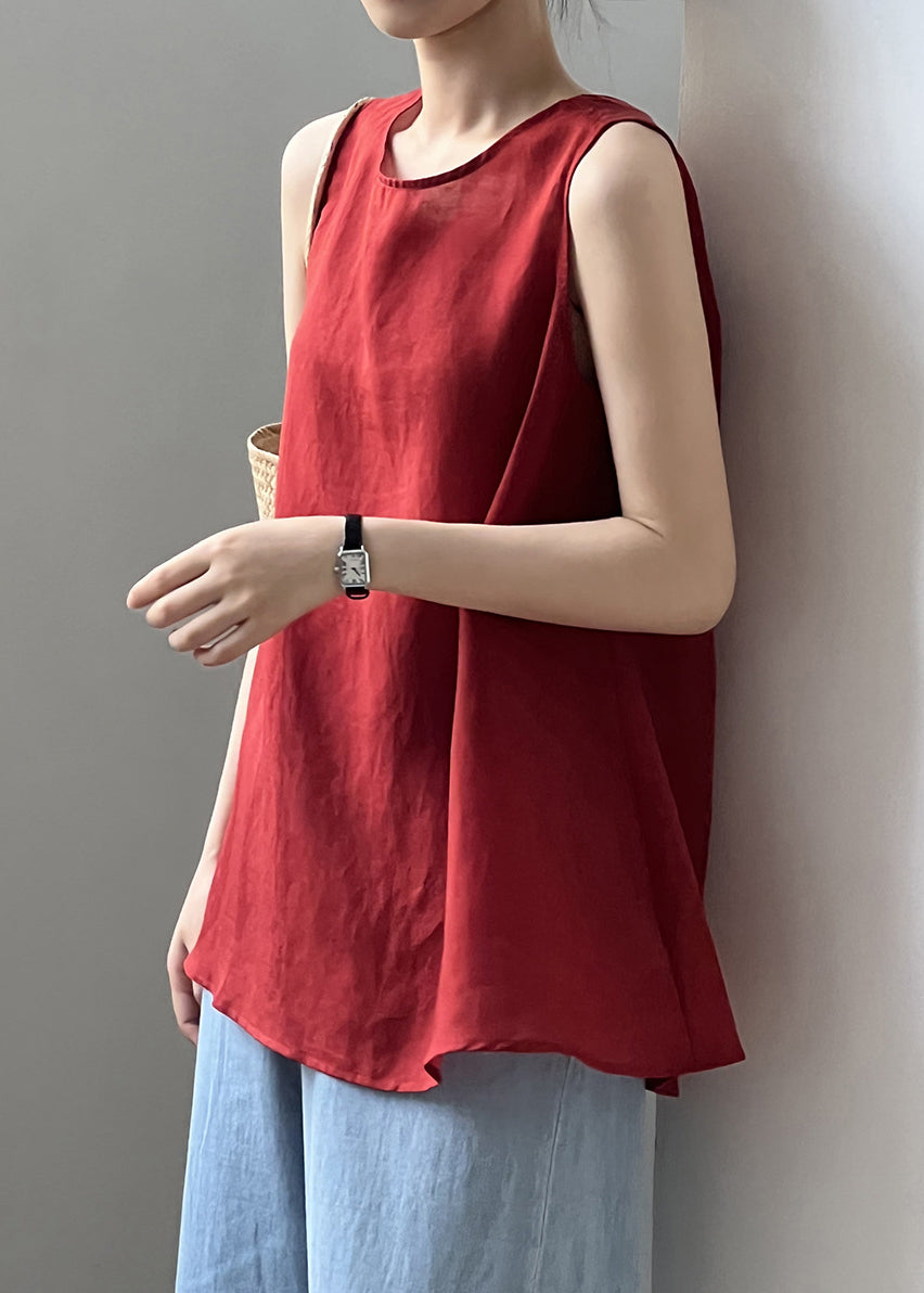 Chic Red Lace Up Solid Cotton Tops Sleeveless QE046 MZF-STP240927