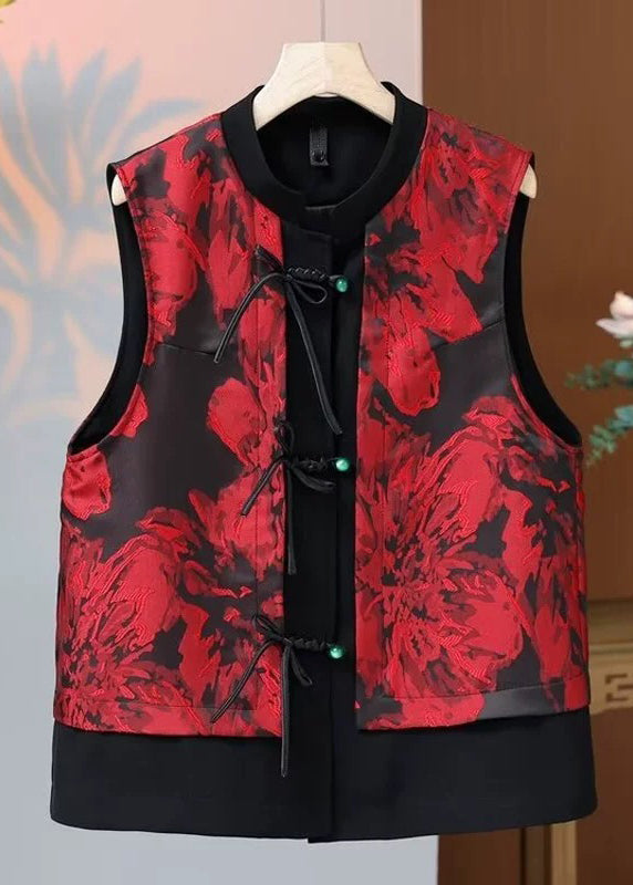 Chic Red O Neck Print Button Silk Waistcoat Sleeveless QO059 MZF-CTS241008