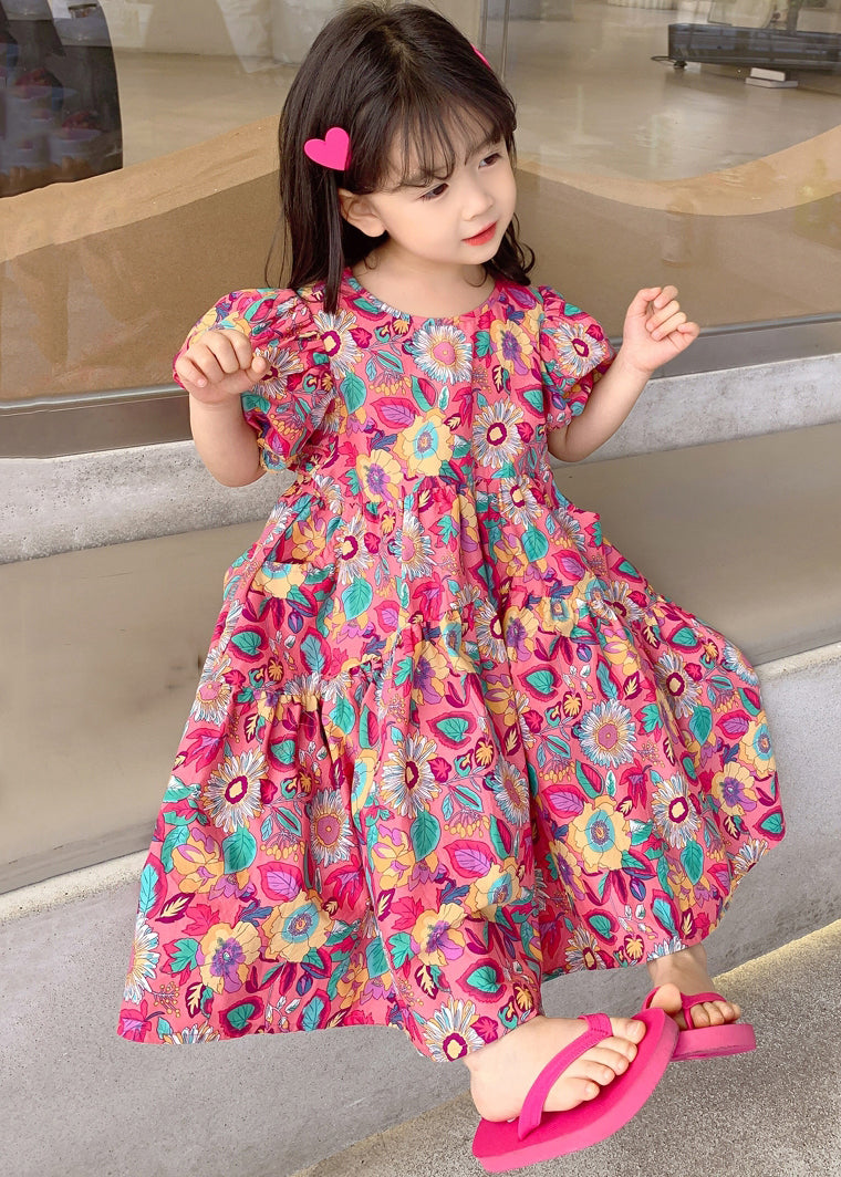 Chic Red O Neck Print Cotton Girls Long Dress Short Sleeve EW054 WS-RCTZSDGL240809
