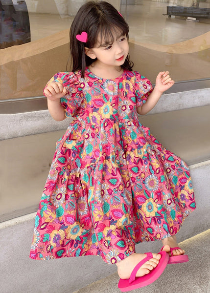 Chic Red O Neck Print Cotton Girls Long Dress Short Sleeve EW054 WS-RCTZSDGL240809