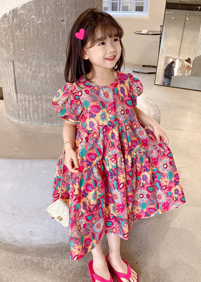 Chic Red O Neck Print Cotton Girls Long Dress Short Sleeve EW054 WS-RCTZSDGL240809