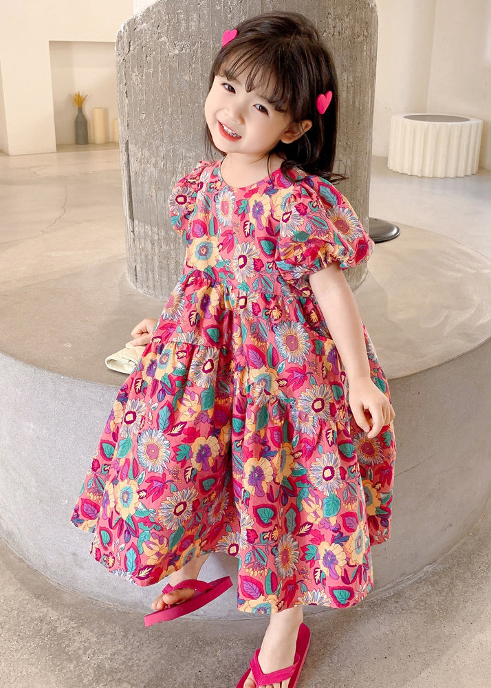 Chic Red O Neck Print Cotton Girls Long Dress Short Sleeve EW054 WS-RCTZSDGL240809