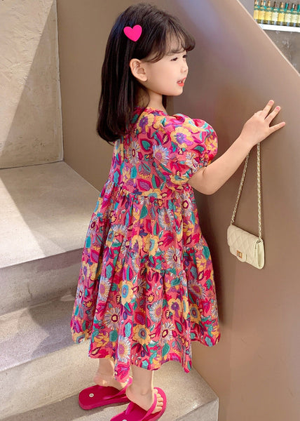 Chic Red O Neck Print Cotton Girls Long Dress Short Sleeve EW054 WS-RCTZSDGL240809