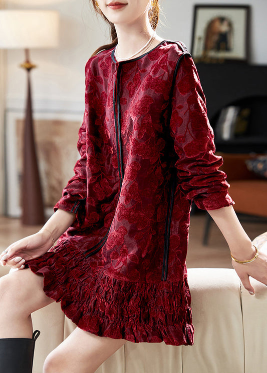 Chic Red O Neck Ruffled Patchwork Velvet Mid Dress Spring RL019 ABC