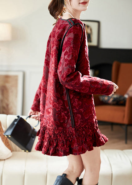 Chic Red O Neck Ruffled Patchwork Velvet Mid Dress Spring RL019 ABC