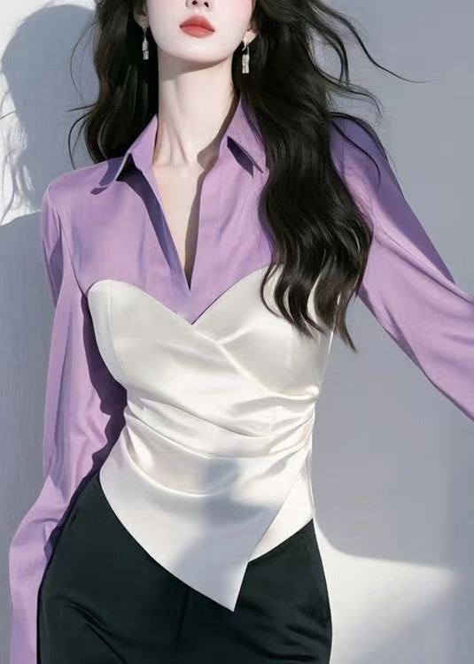 Pan Peter Shirt Collar Chic Spring Patchwork Silk Red FashionChic