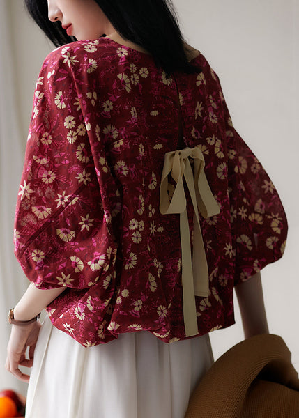 Chic Red Print Lace Up Cotton T Shirt Half Sleeve OP1001 Ada Fashion