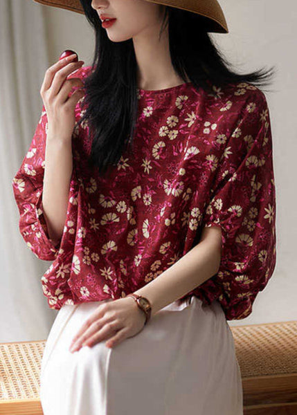 Chic Red Print Lace Up Cotton T Shirt Half Sleeve OP1001 Ada Fashion