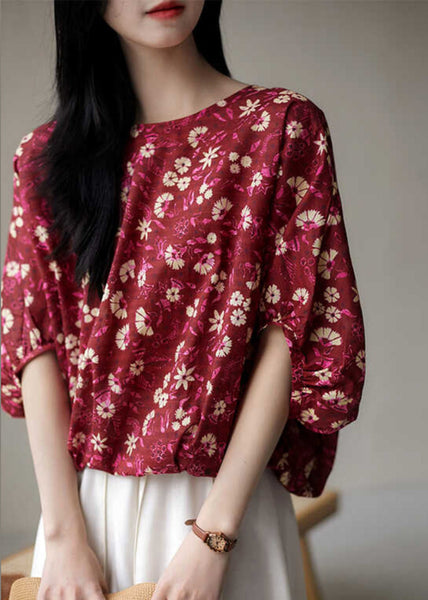 Chic Red Print Lace Up Cotton T Shirt Half Sleeve OP1001 Ada Fashion