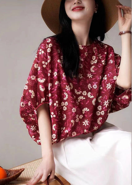 Chic Red Print Lace Up Cotton T Shirt Half Sleeve OP1001 Ada Fashion