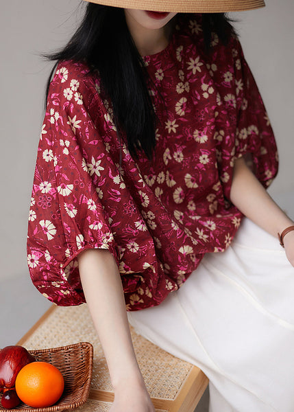 Chic Red Print Lace Up Cotton T Shirt Half Sleeve OP1001 Ada Fashion