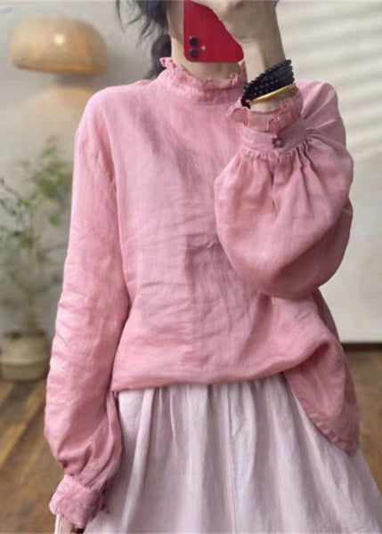 Chic Red Ruffled Linen Blouses Lantern Sleeve MZF-LTP250315